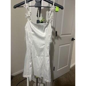 altar'd state white satin mini dress with floral shoulder strap Msrp$82